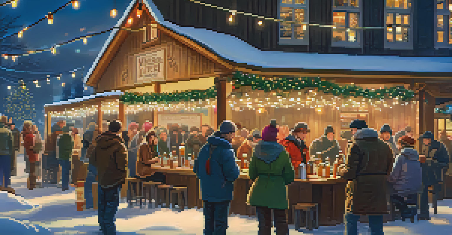 A cozy winter festival scene with people enjoying seasonal beers, holiday decorations, and falling snow.