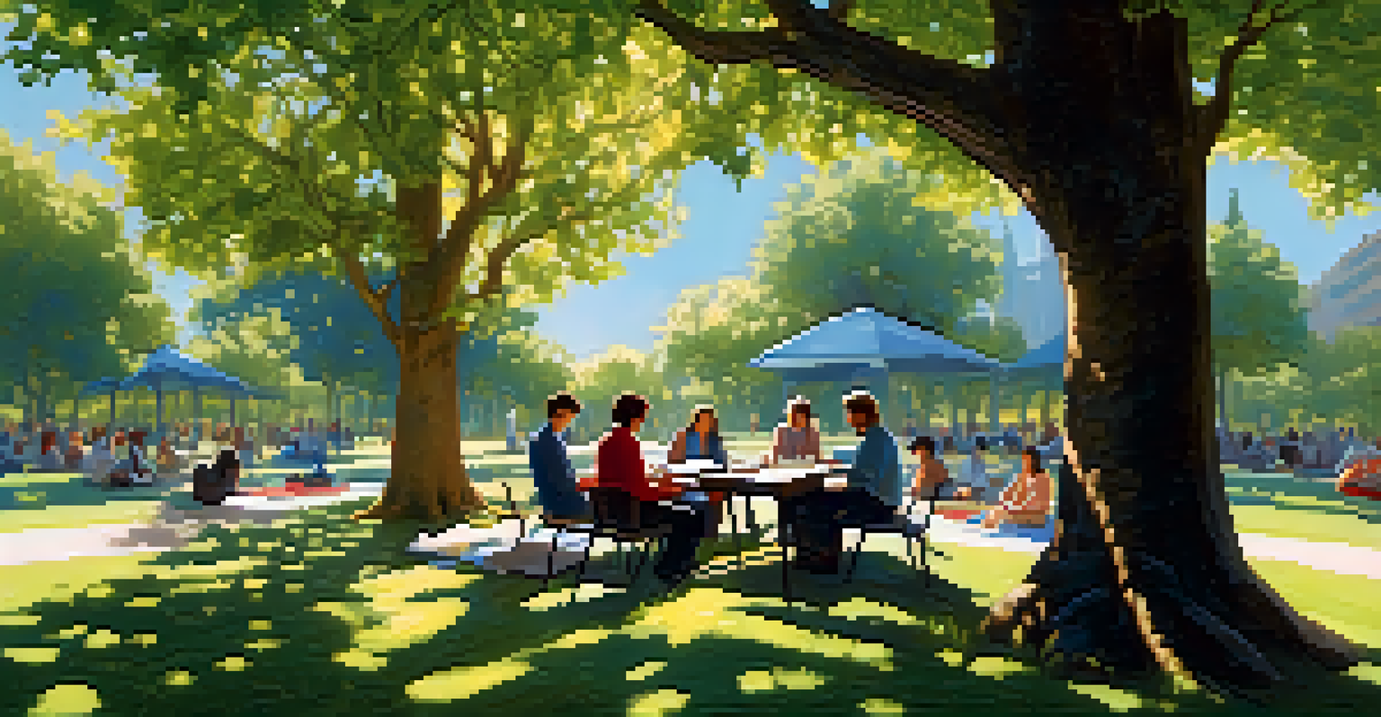 An outdoor poetry workshop in a park with participants reading and listening under a tree, surrounded by flowers and sunlight.