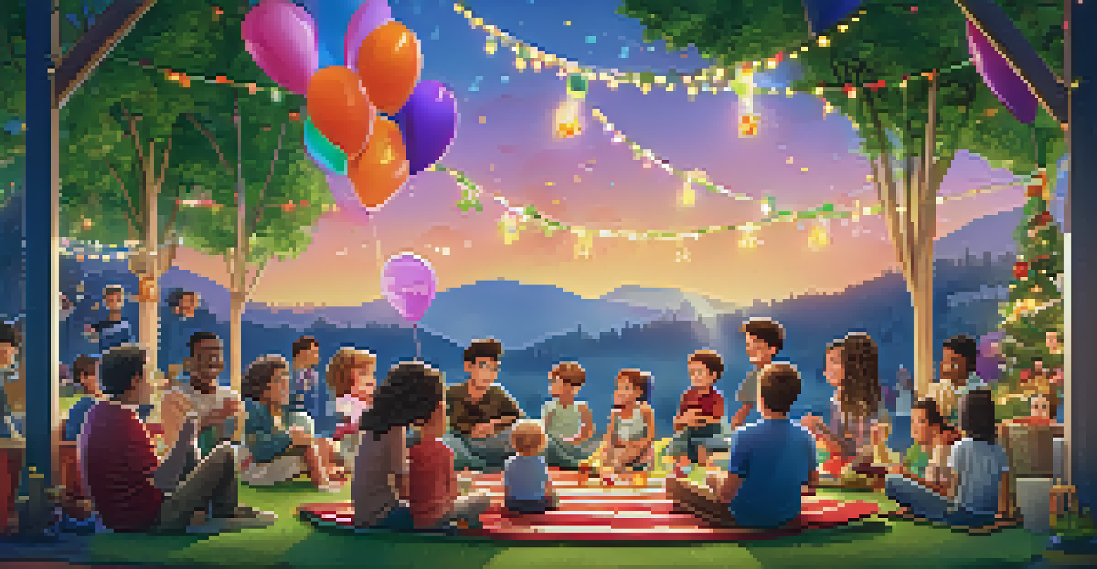 Families enjoying an outdoor movie event with children playing games and animated films being screened on a large inflatable screen, decorated with balloons and lights.