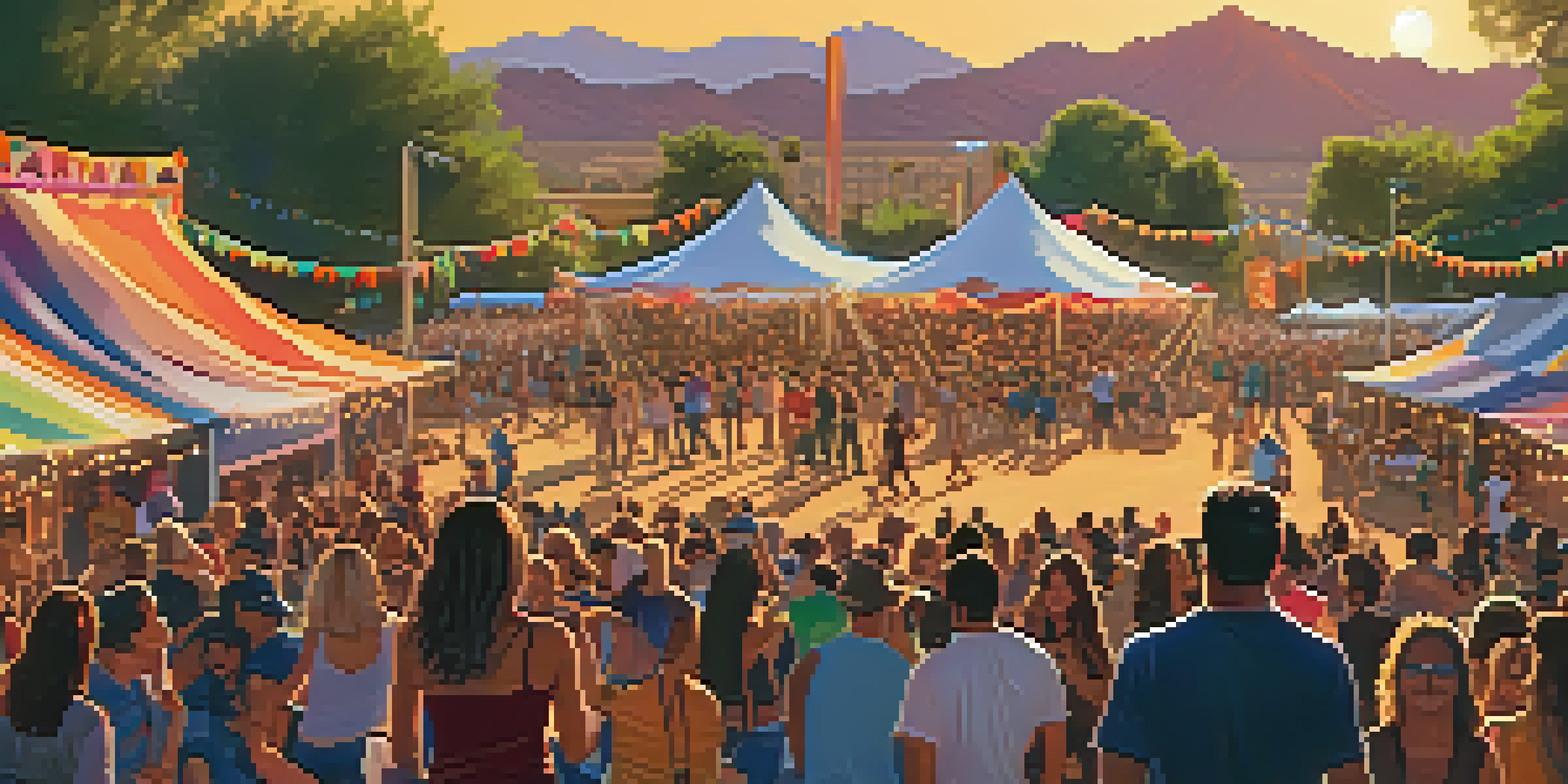 A lively outdoor music festival in Phoenix with a diverse crowd enjoying performances, colorful tents, and food trucks under a warm sunset.