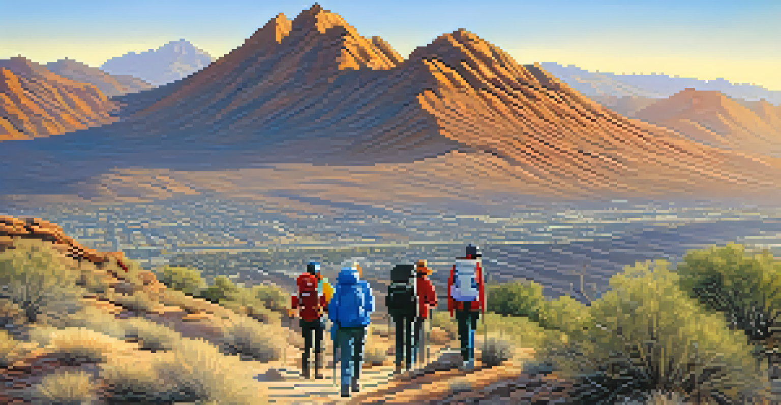 Hikers in the mountains near Phoenix on a winter morning with clear skies and snow-capped peaks.