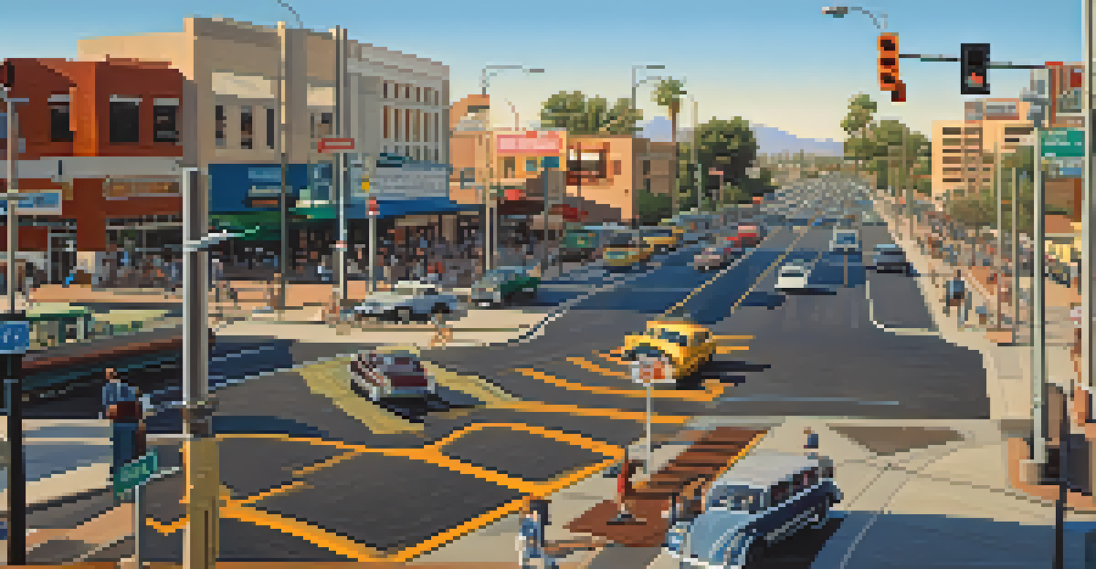 A busy intersection in Phoenix with cars, bicycles, and pedestrians during rush hour.
