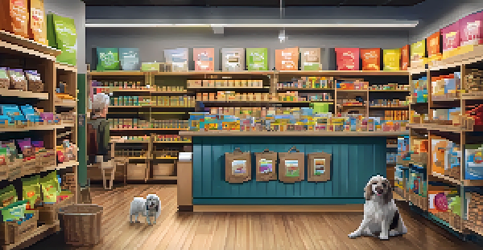 A cozy local pet supply store with wooden shelves filled with pet food and toys. A staff member is helping a customer with a small dog.
