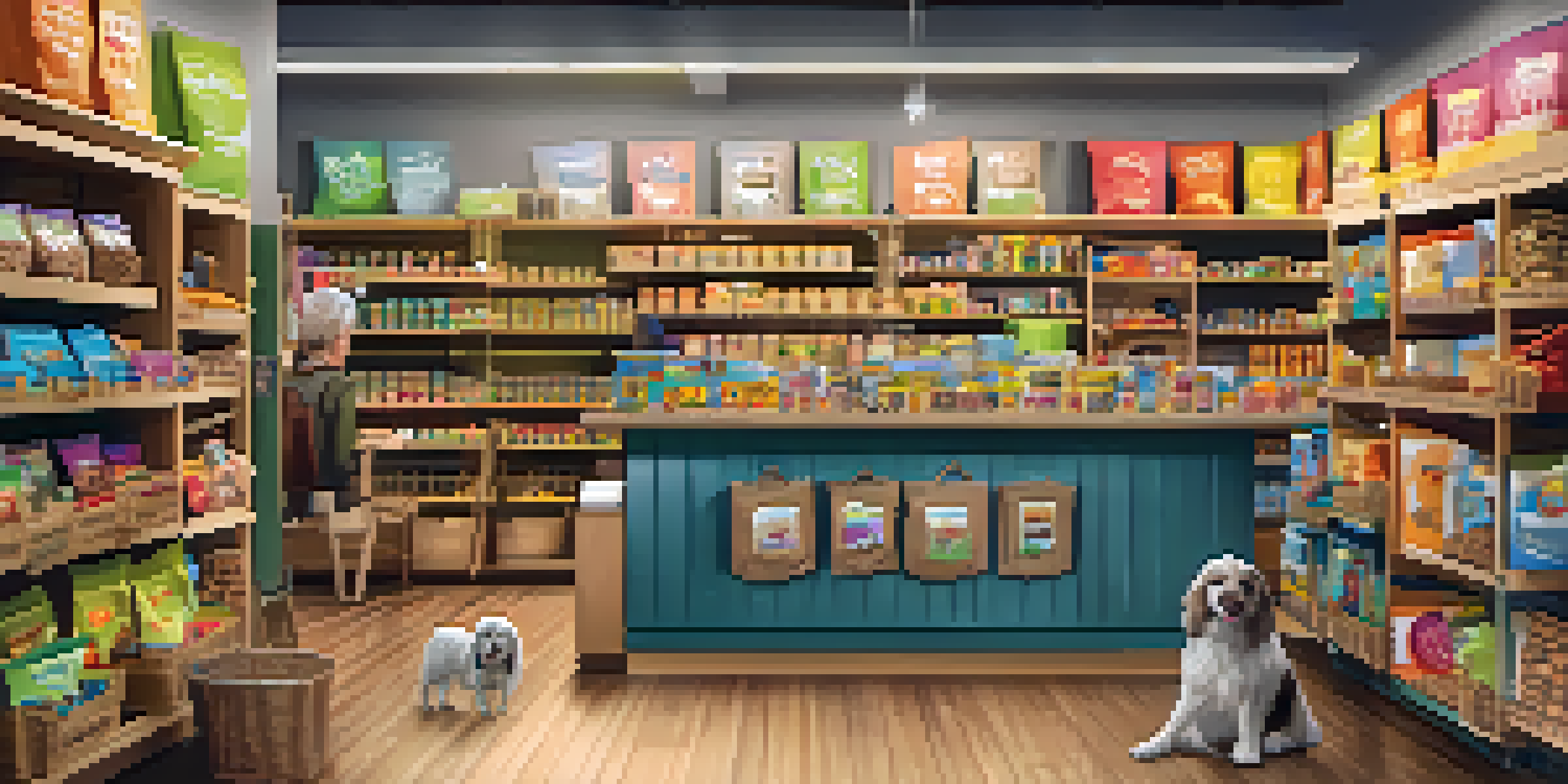 A cozy local pet supply store with wooden shelves filled with pet food and toys. A staff member is helping a customer with a small dog.