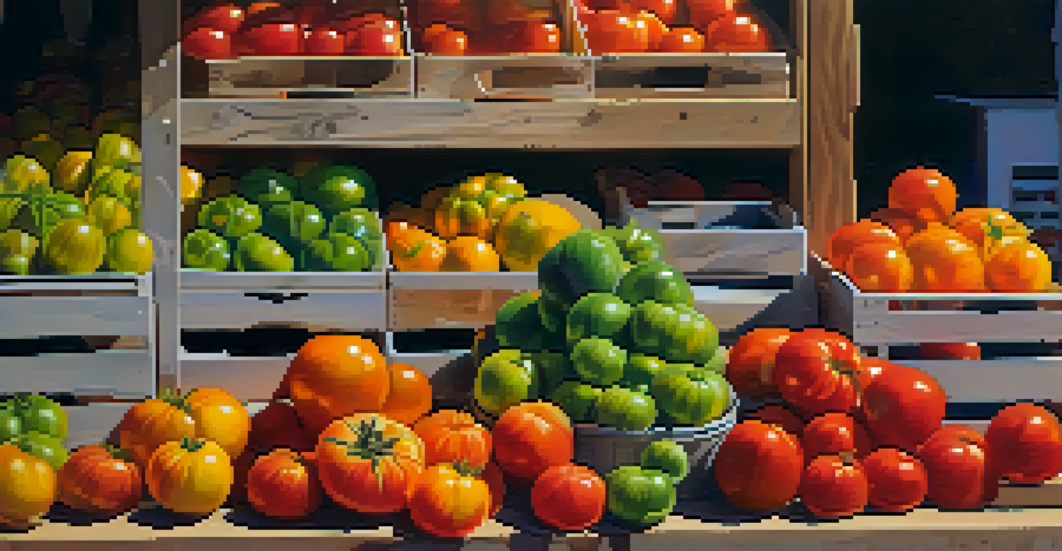 A vendor's stall at a farmers' market displaying a variety of heirloom tomatoes, with colorful textures and rustic wooden elements.