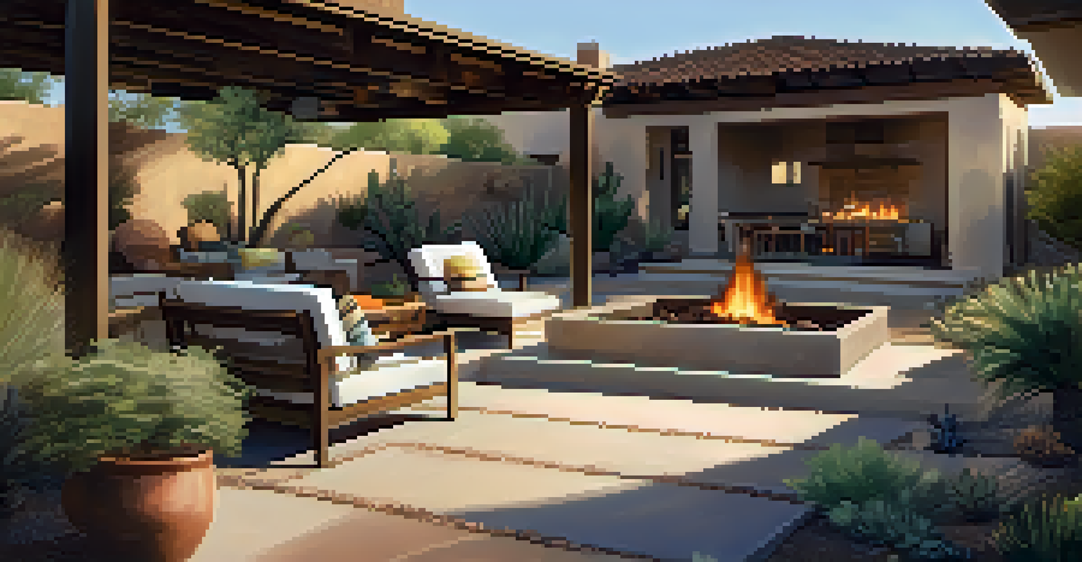 A welcoming outdoor living area with a fire pit and seating, surrounded by lush desert plants, illuminated by warm afternoon sunlight.