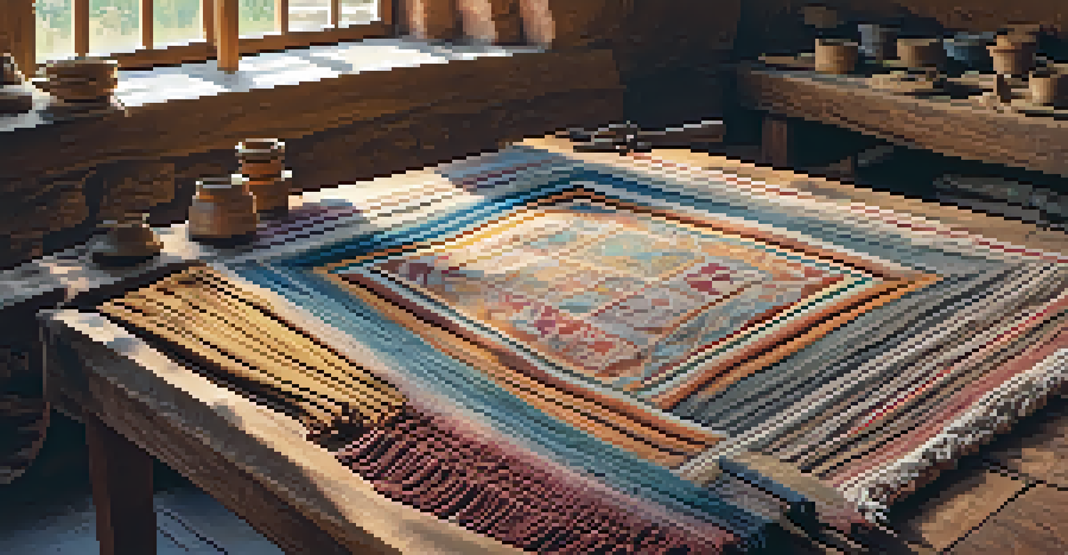 A close-up of an artisan weaving a rug in a well-lit workshop filled with colorful fabrics and natural dyes.