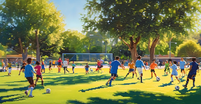 A group of people of different ages playing soccer in Encanto Park, surrounded by green grass and trees under a clear blue sky.