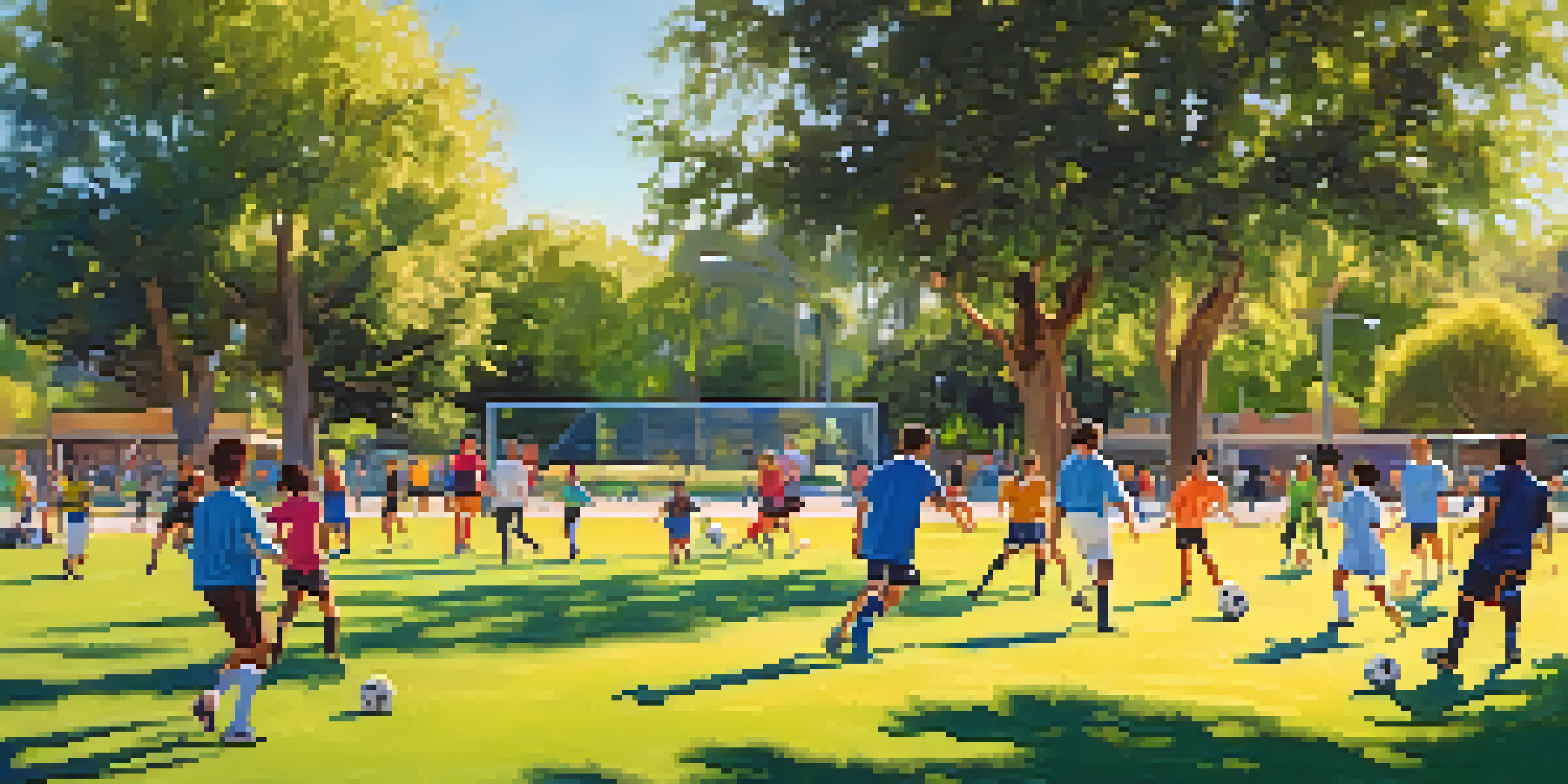 A group of people of different ages playing soccer in Encanto Park, surrounded by green grass and trees under a clear blue sky.