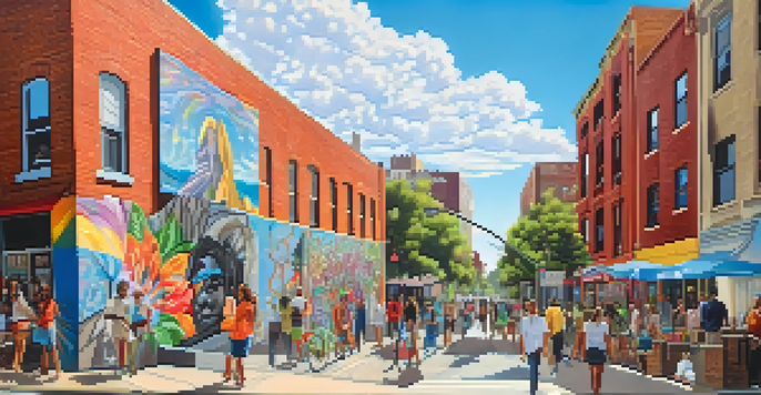 A lively street in Roosevelt Row filled with colorful murals, artists painting, and people walking around under a bright blue sky.