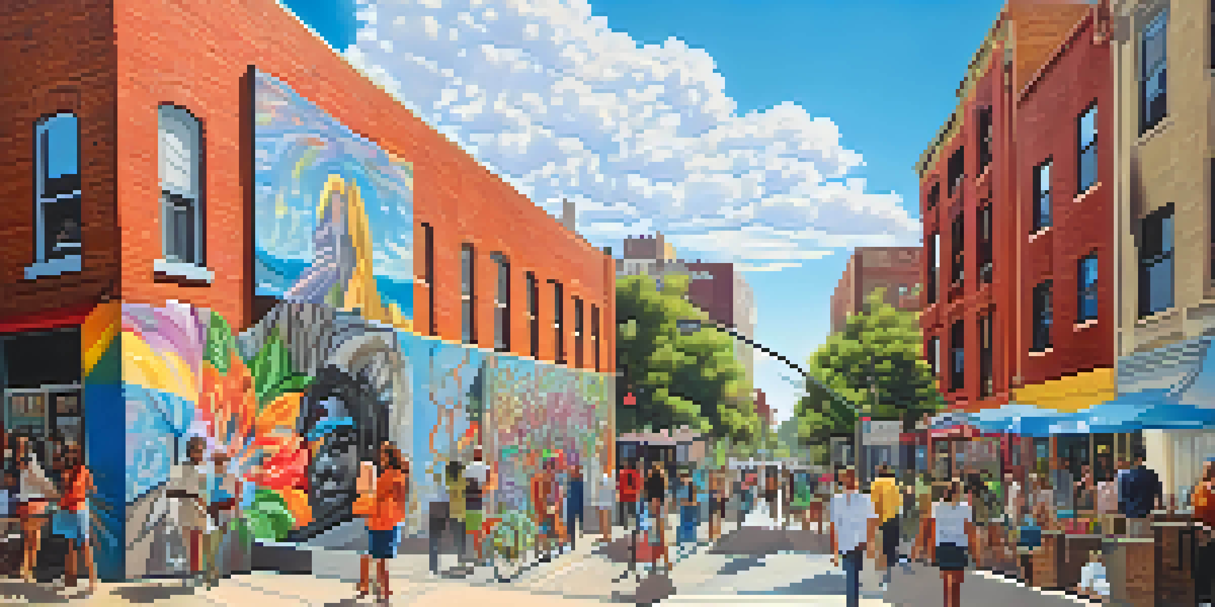 A lively street in Roosevelt Row filled with colorful murals, artists painting, and people walking around under a bright blue sky.