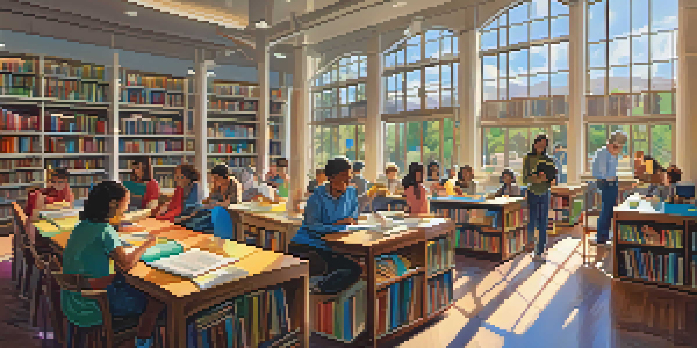A lively library scene in Phoenix with diverse individuals engaged in reading, workshops, and using technology, illuminated by sunlight.