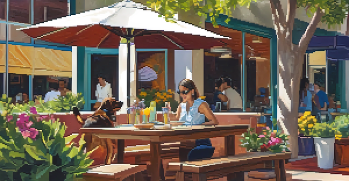 A sunny outdoor restaurant patio with a dog resting under a table while its owner drinks a beverage.