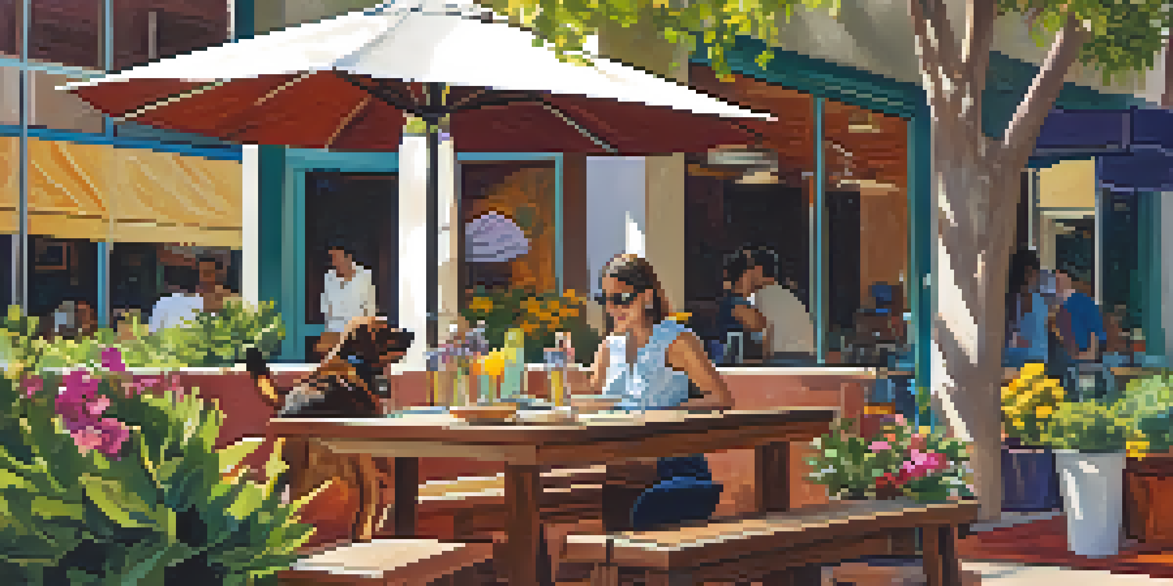 A sunny outdoor restaurant patio with a dog resting under a table while its owner drinks a beverage.