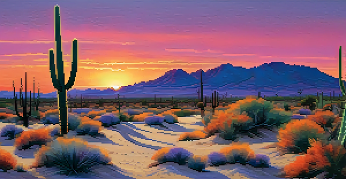 A peaceful desert landscape during sunset with colorful skies and silhouetted cacti.