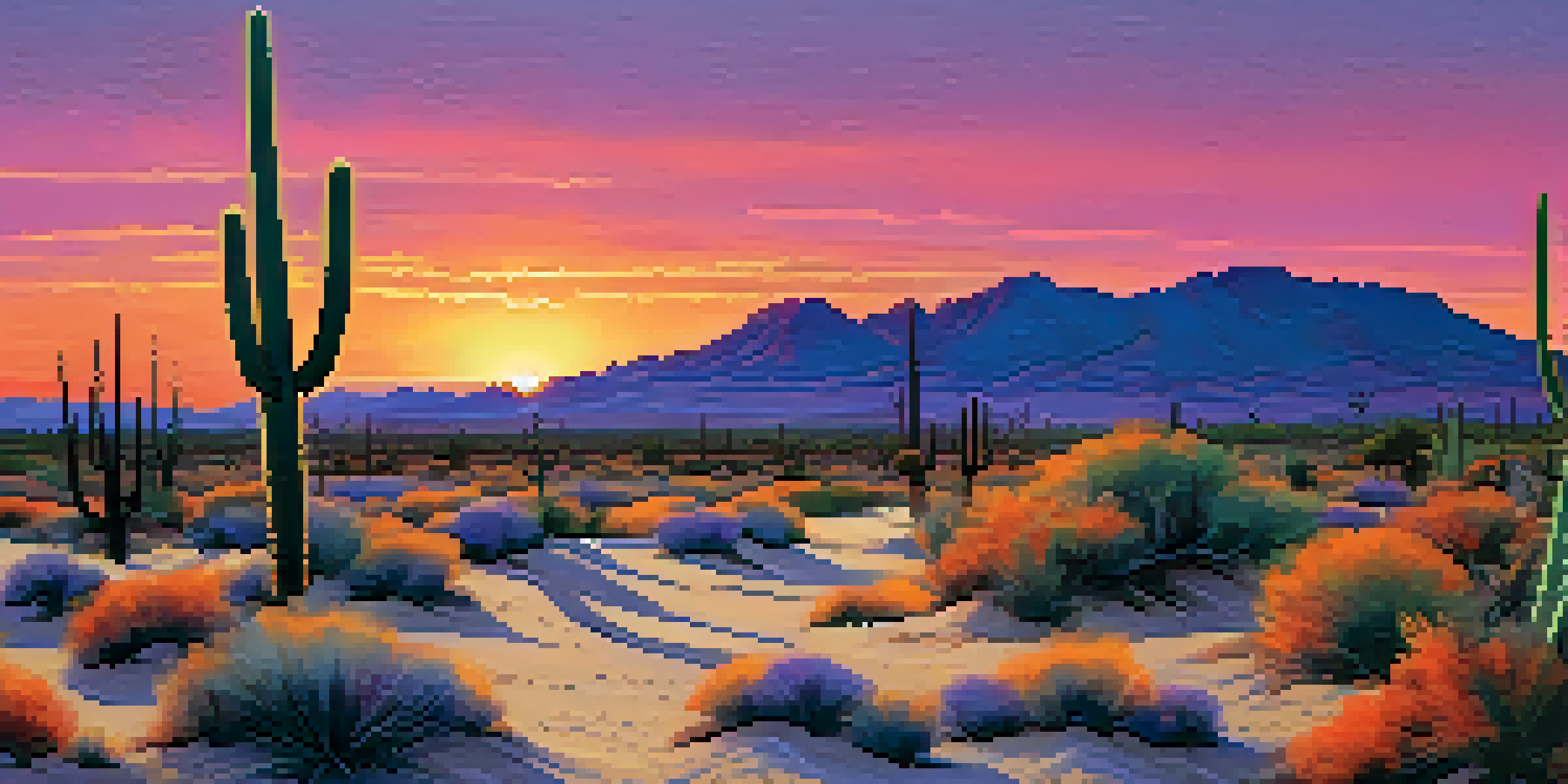 A peaceful desert landscape during sunset with colorful skies and silhouetted cacti.
