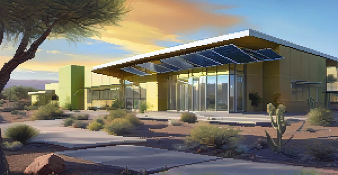 A contemporary green building in Phoenix with solar panels and desert plants, illuminated by sunset.
