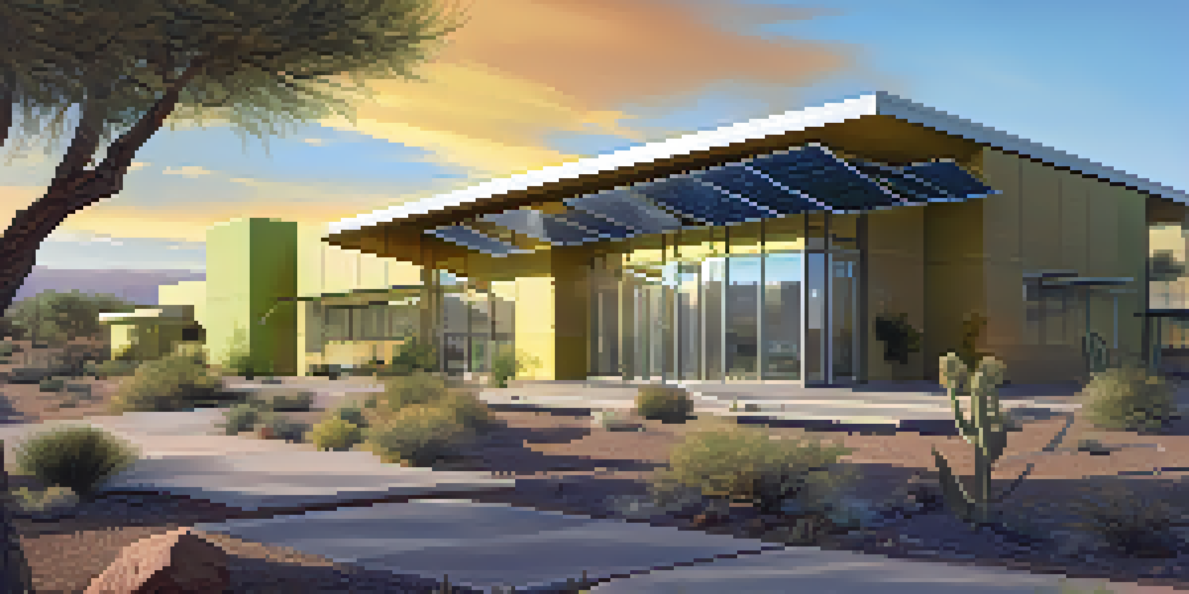 A contemporary green building in Phoenix with solar panels and desert plants, illuminated by sunset.