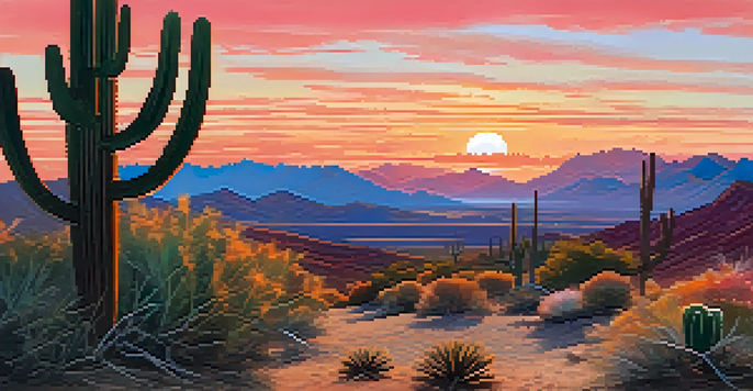 A tranquil sunrise scene at South Mountain Park with cacti silhouettes, a coyote in the foreground, and birds flying in the sky.