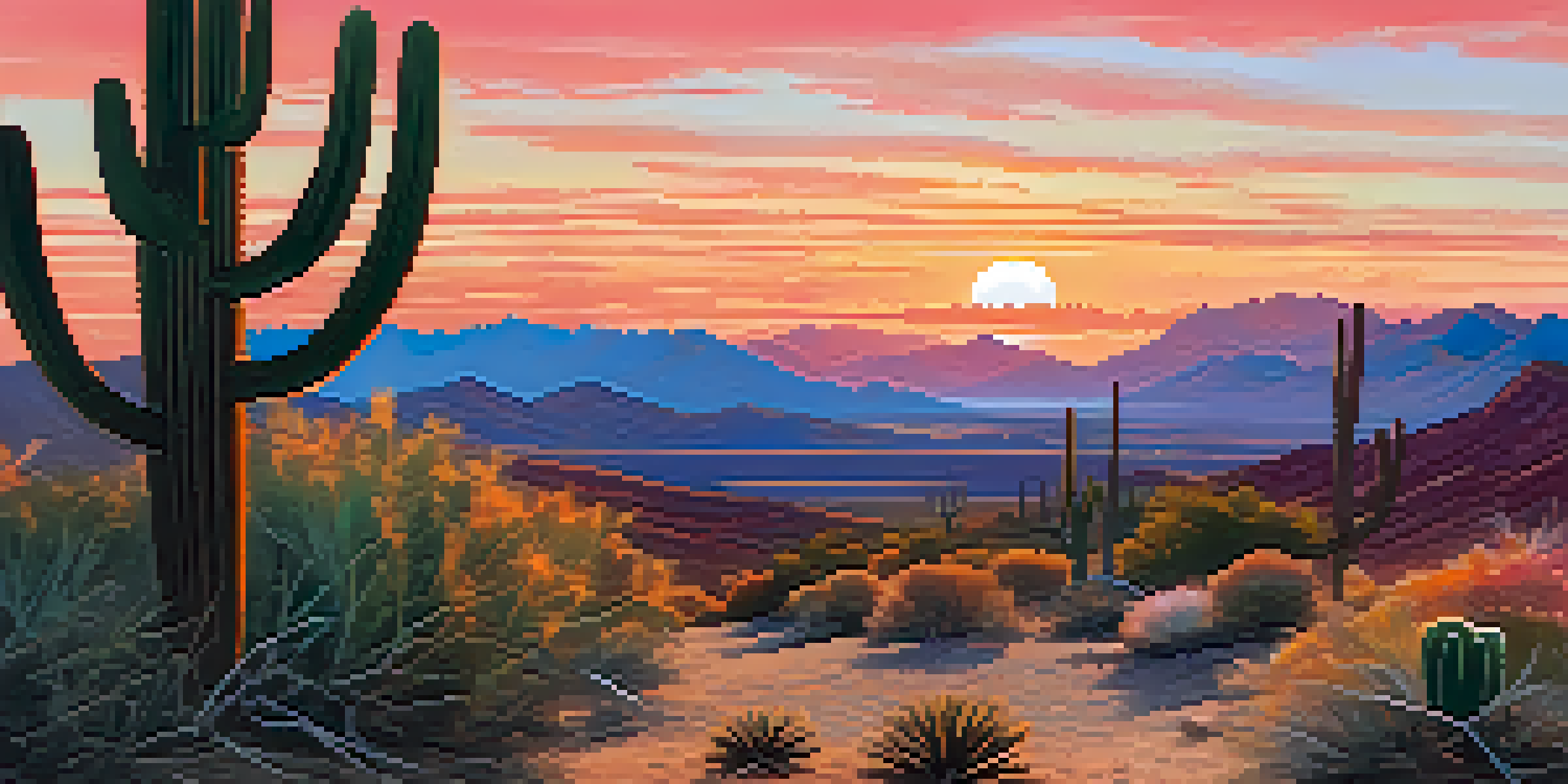 A tranquil sunrise scene at South Mountain Park with cacti silhouettes, a coyote in the foreground, and birds flying in the sky.