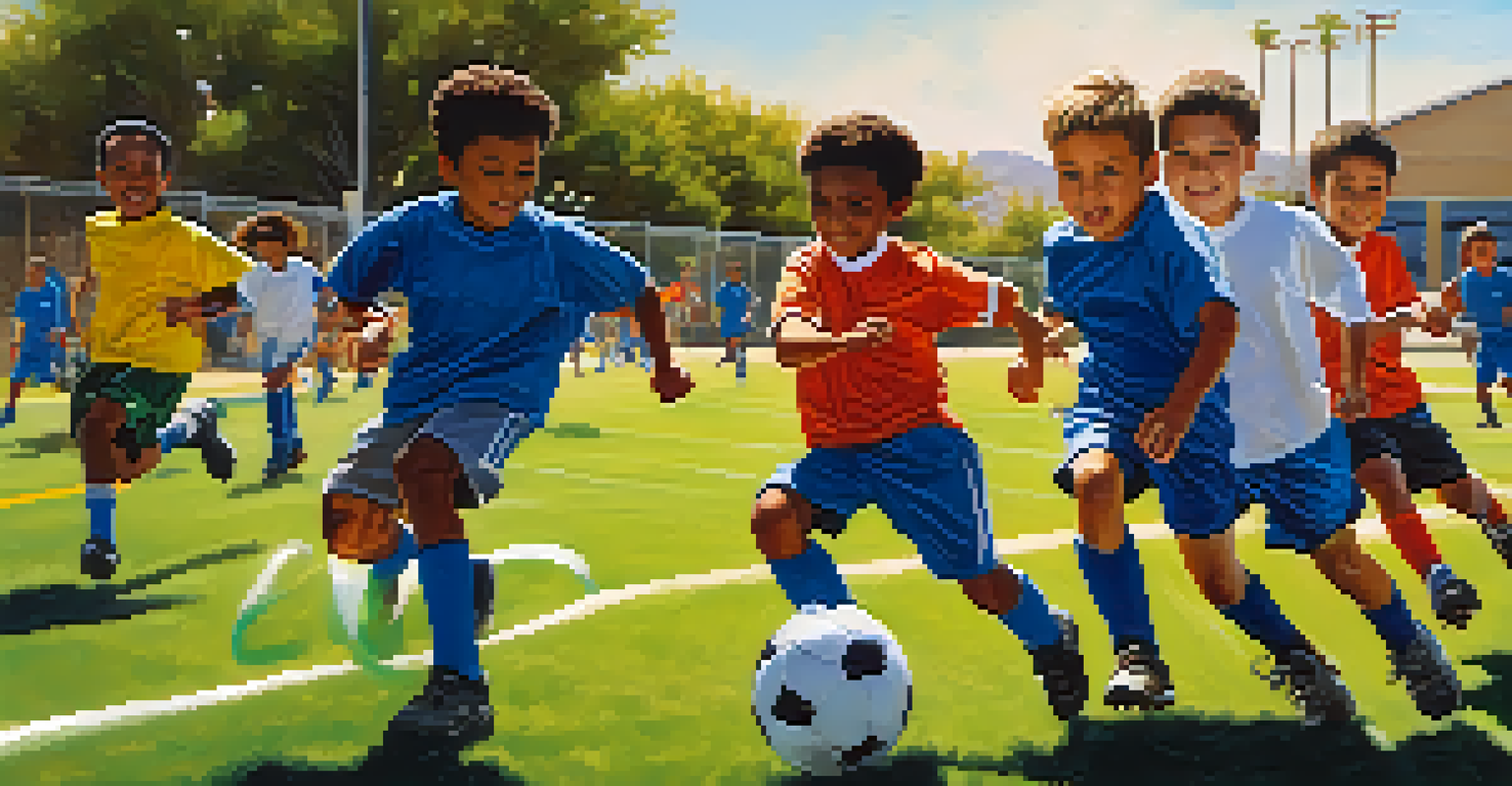Children actively playing soccer at Desert West Community Center, with parents cheering in a sunny setting.