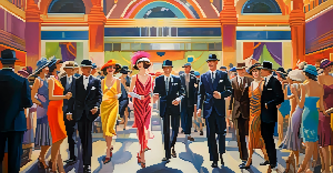 A 1920s fashion show in Phoenix featuring women in flapper dresses and men in tailored suits, set against an art deco building.