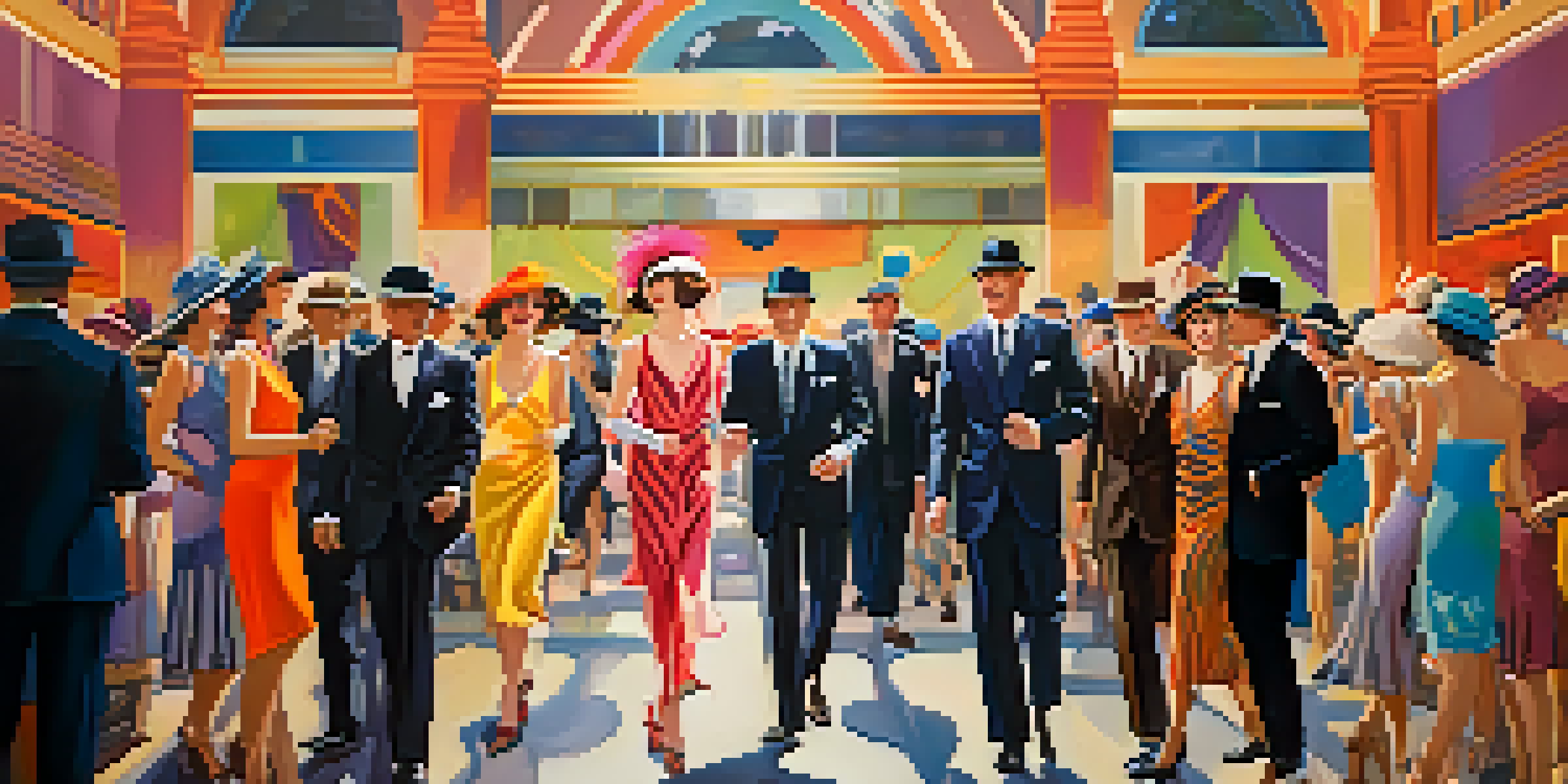 A 1920s fashion show in Phoenix featuring women in flapper dresses and men in tailored suits, set against an art deco building.
