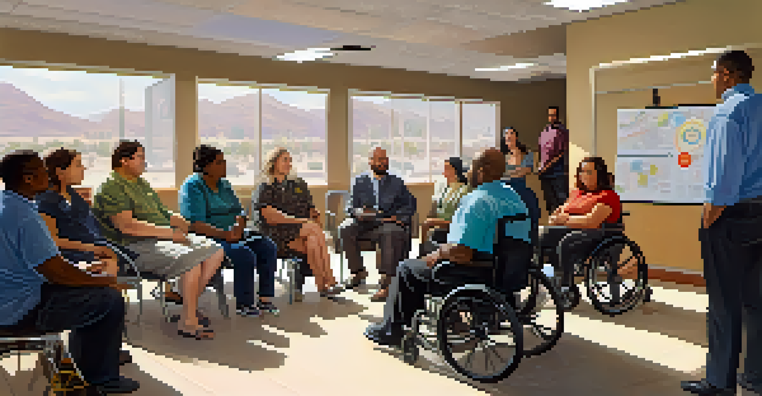 A diverse group of people, including those with disabilities, in a community meeting discussing public transit accessibility, with charts and plans around them.
