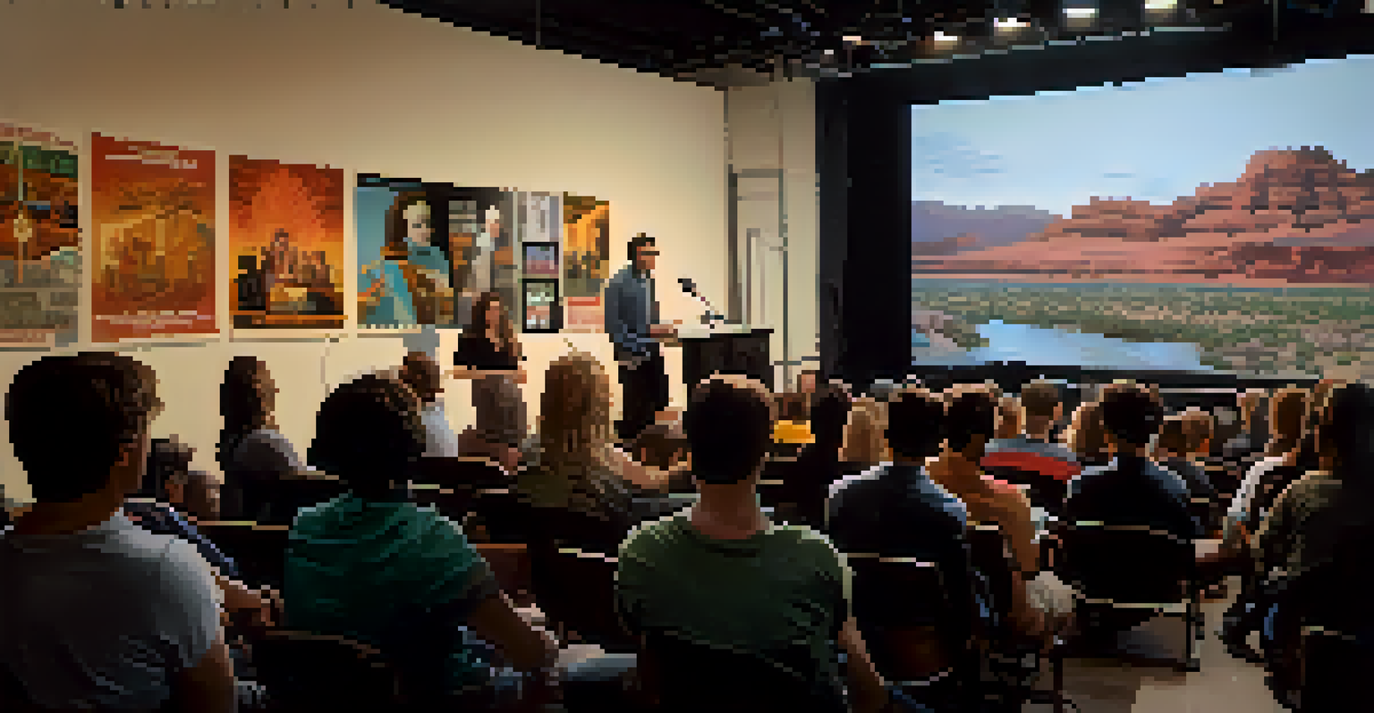 A filmmaker presenting in a workshop at a Phoenix film festival, with an engaged audience and film posters on the walls.