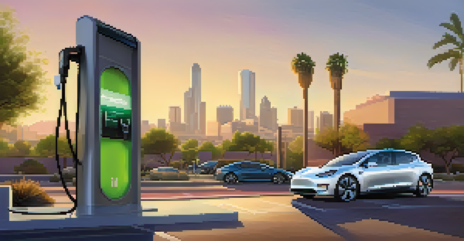 An electric vehicle charging station with a sleek car and the Phoenix skyline in the background during the evening.