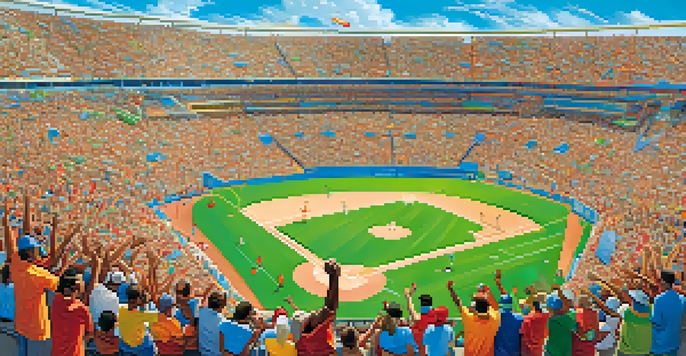 A lively outdoor sports event in Phoenix with fans in colorful jerseys cheering, blue sky and palm trees in the background.