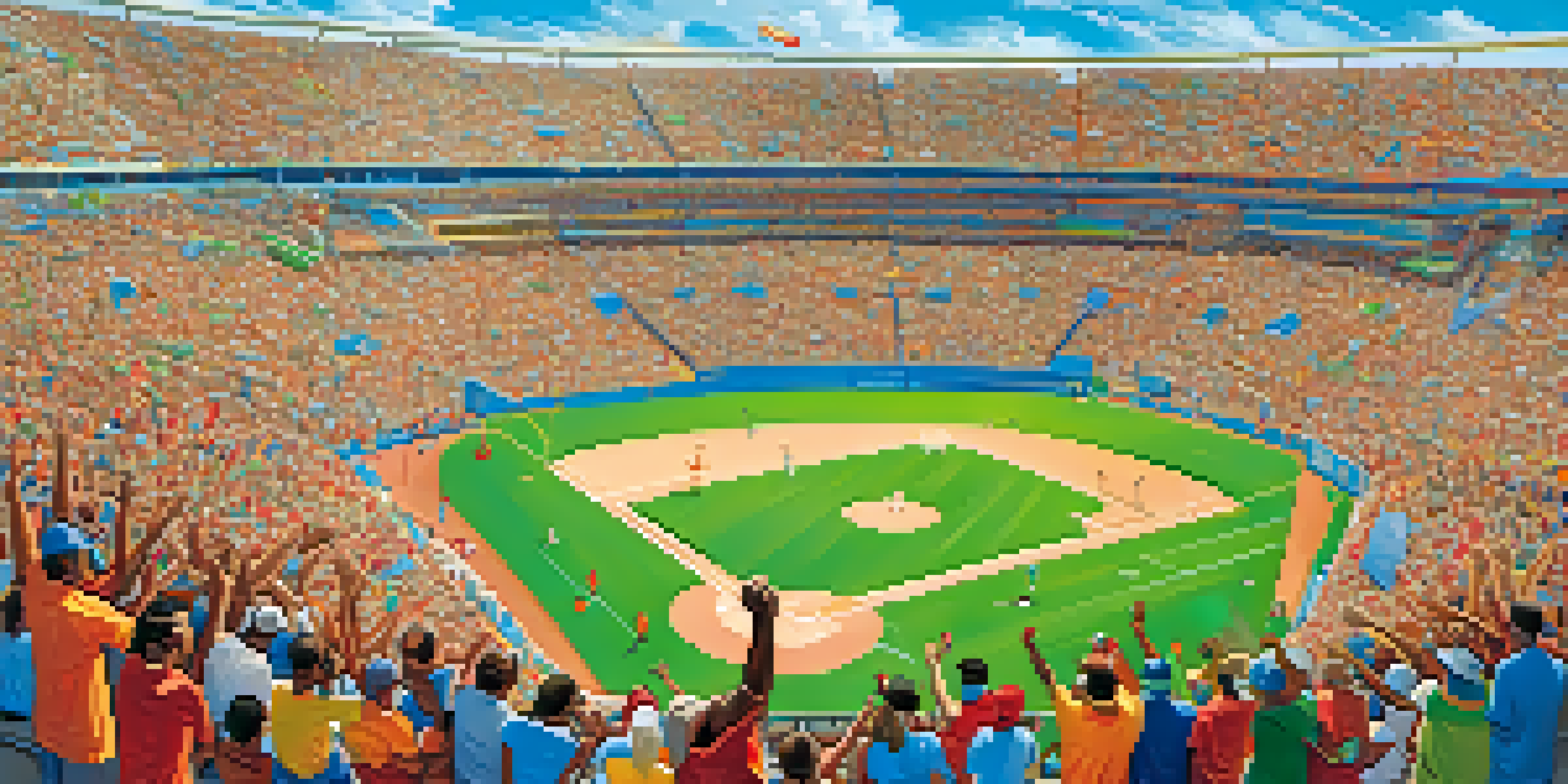 A lively outdoor sports event in Phoenix with fans in colorful jerseys cheering, blue sky and palm trees in the background.