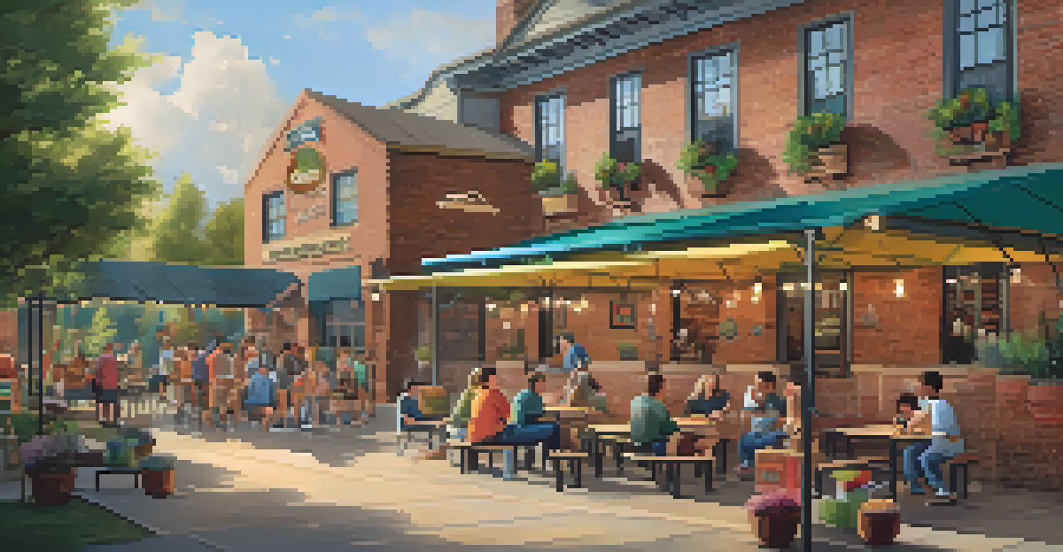 A family-friendly brewery with children playing games and adults enjoying drinks on a patio, featuring colorful decor and a welcoming atmosphere.