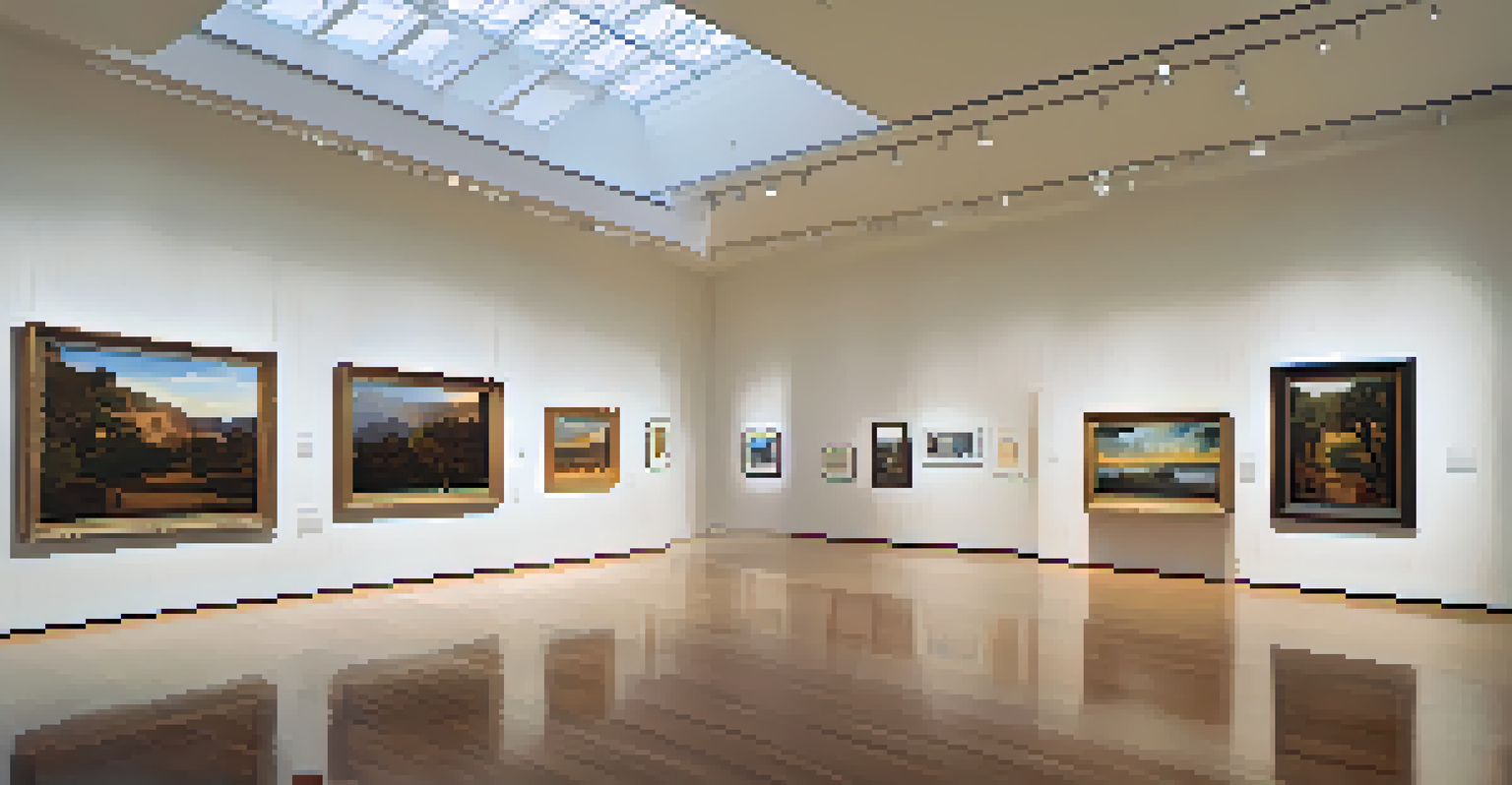 A gallery in the Phoenix Art Museum with visitors observing various artworks under natural light.