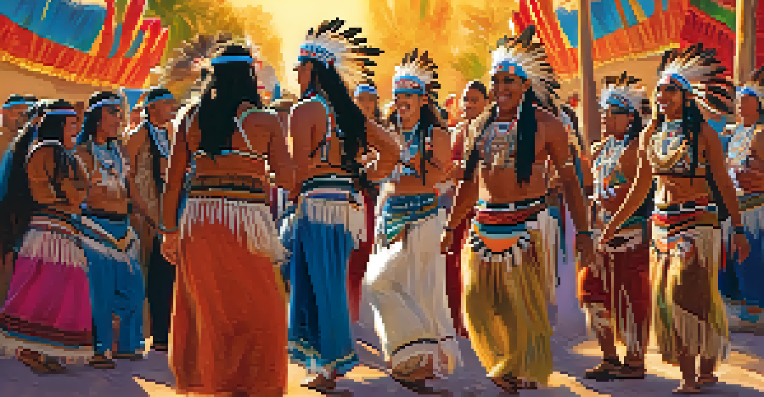 A lively Native American festival in Phoenix, showcasing dancers in traditional attire surrounded by colorful decorations and handcrafted art.