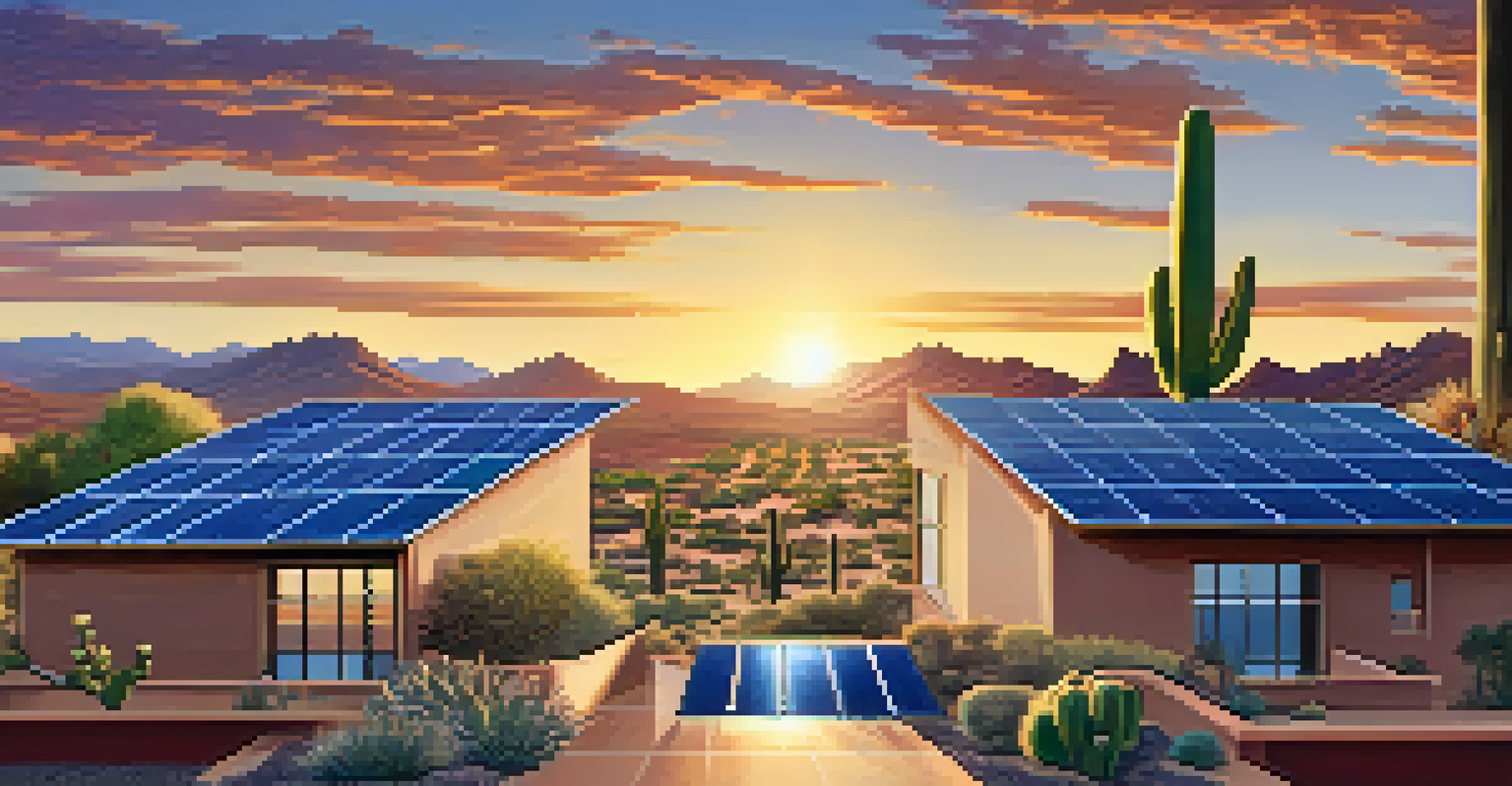 Close-up of solar panels on a rooftop in Phoenix, with arid hills and a hummingbird near a flower in the background.