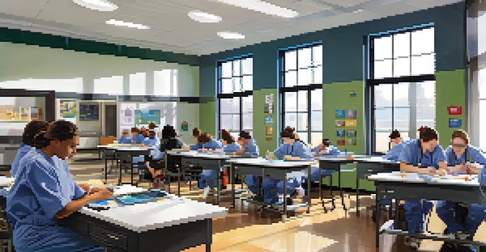 A classroom filled with students practicing healthcare skills, equipped with modern tools and bright natural lighting.