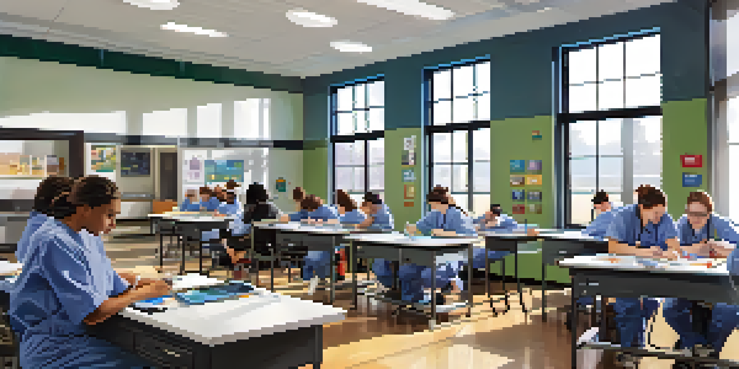 A classroom filled with students practicing healthcare skills, equipped with modern tools and bright natural lighting.