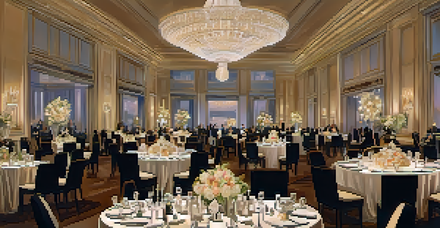 A luxurious fashion event in The Camby Hotel's ballroom with models presenting high-end fashion surrounded by elegant decor.