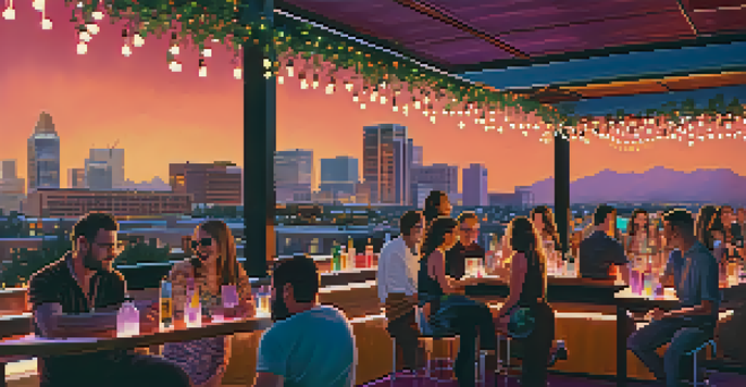 A lively rooftop bar in downtown Phoenix with patrons enjoying drinks at sunset, featuring a beautiful city skyline in the background.