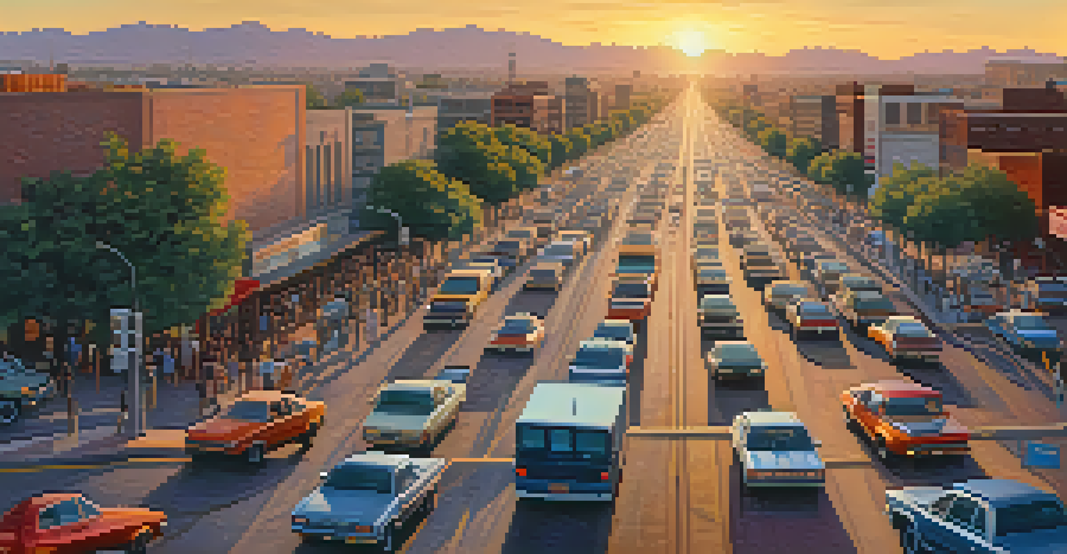 An overhead shot of a busy intersection in Phoenix during sunset, with many vehicles and a hazy sky.