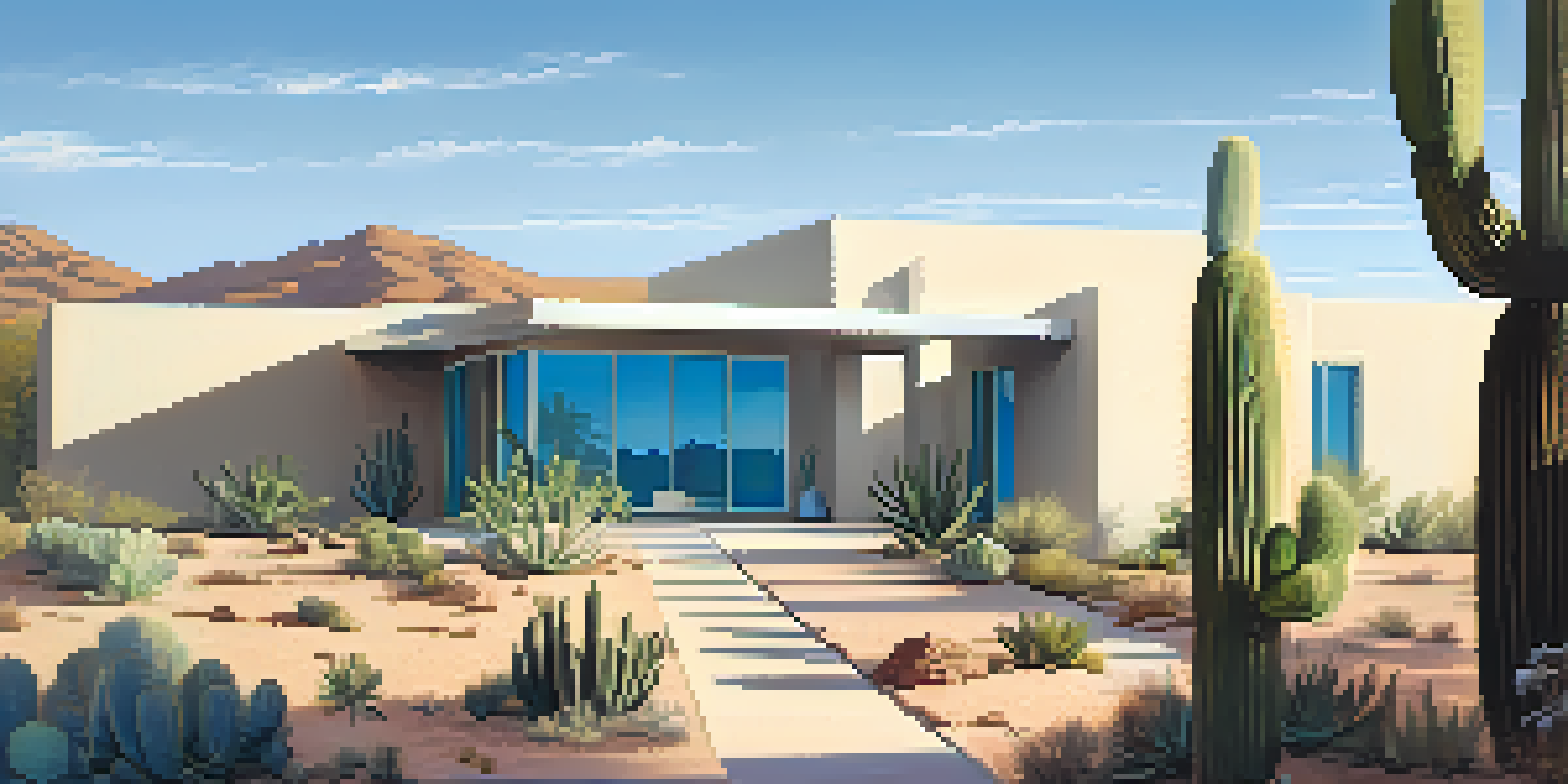 A contemporary desert house in Phoenix with light-colored walls and large windows surrounded by cacti and desert plants under a clear blue sky.