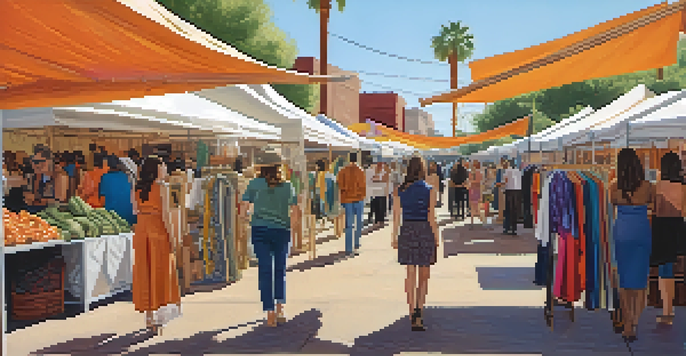 An outdoor market in Phoenix featuring stalls with colorful sustainable fashion designs, under a clear sunny sky.