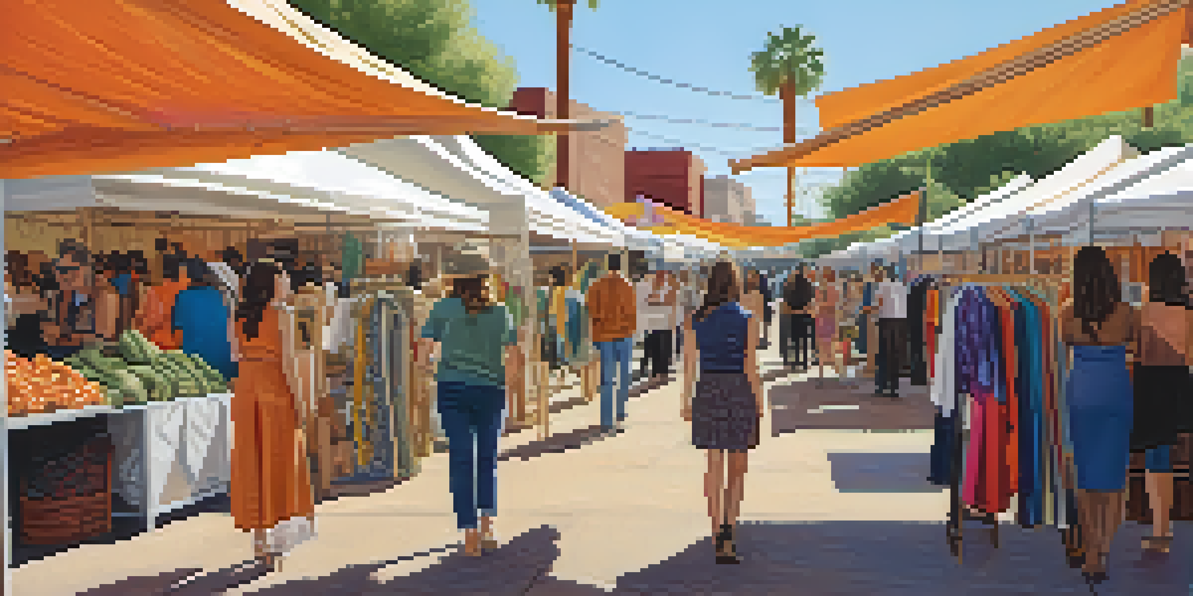An outdoor market in Phoenix featuring stalls with colorful sustainable fashion designs, under a clear sunny sky.
