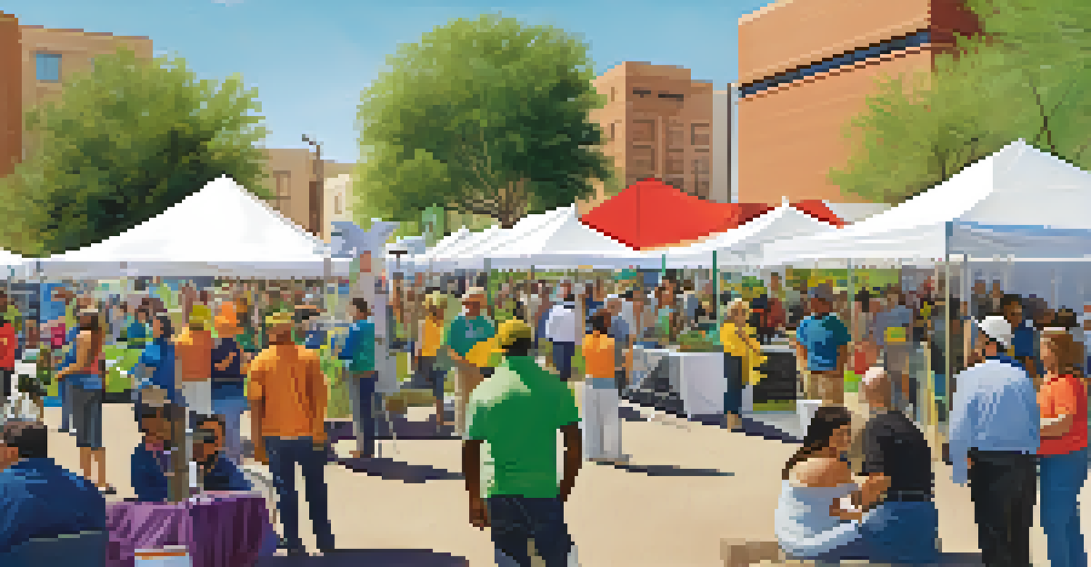 A lively community event with residents interacting around booths showcasing renewable energy technologies and sustainability promotions.