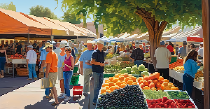 A bustling outdoor farmers' market with colorful produce and local vendors in Phoenix under warm sunlight.