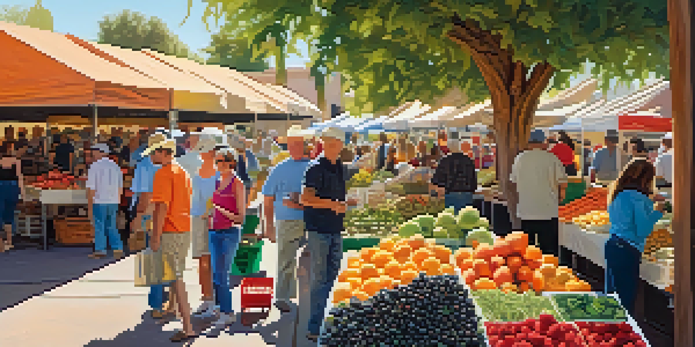 A bustling outdoor farmers' market with colorful produce and local vendors in Phoenix under warm sunlight.