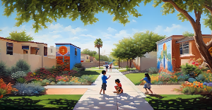 A diverse neighborhood in Phoenix with murals and children playing in a park.