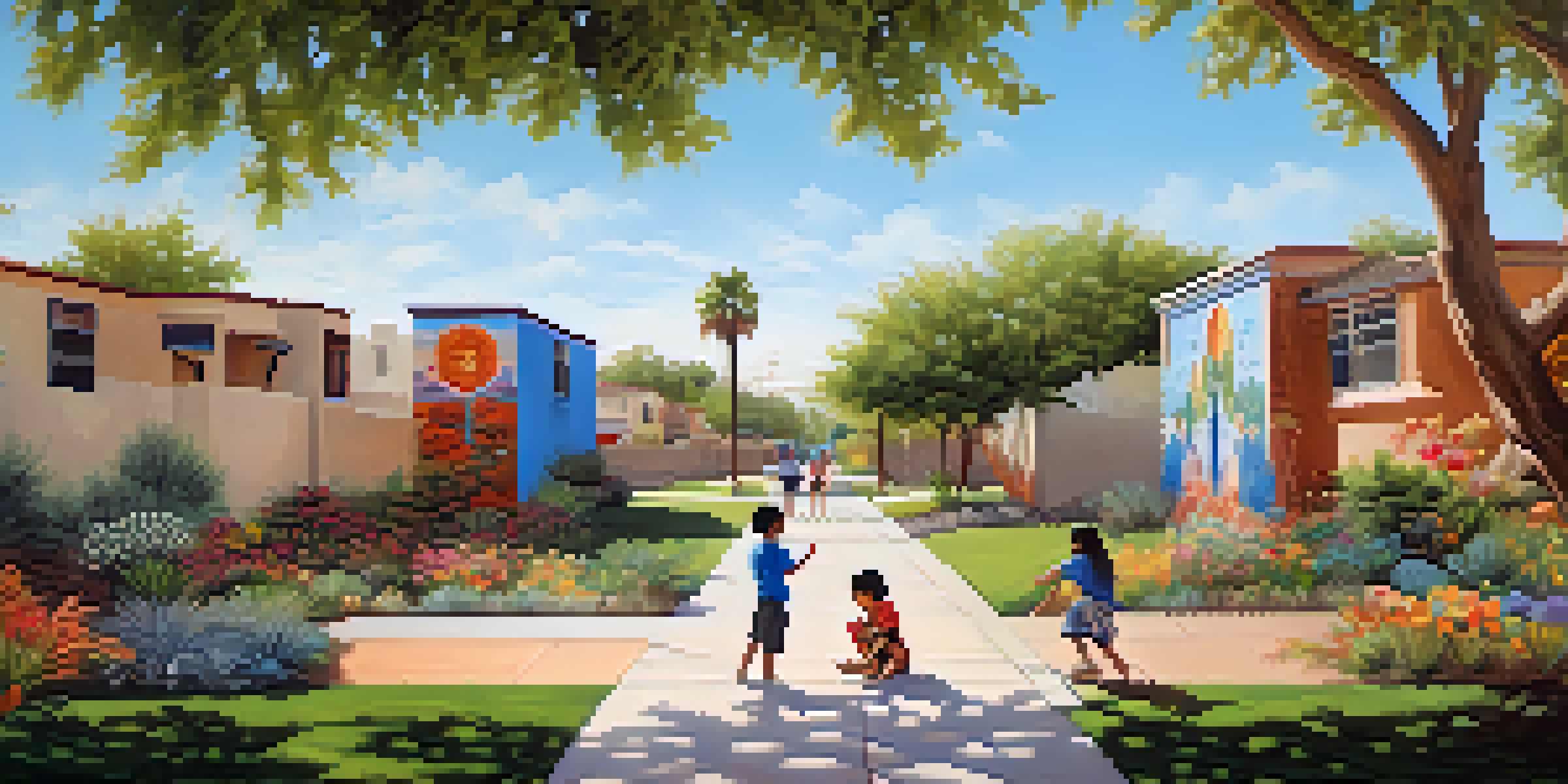 A diverse neighborhood in Phoenix with murals and children playing in a park.