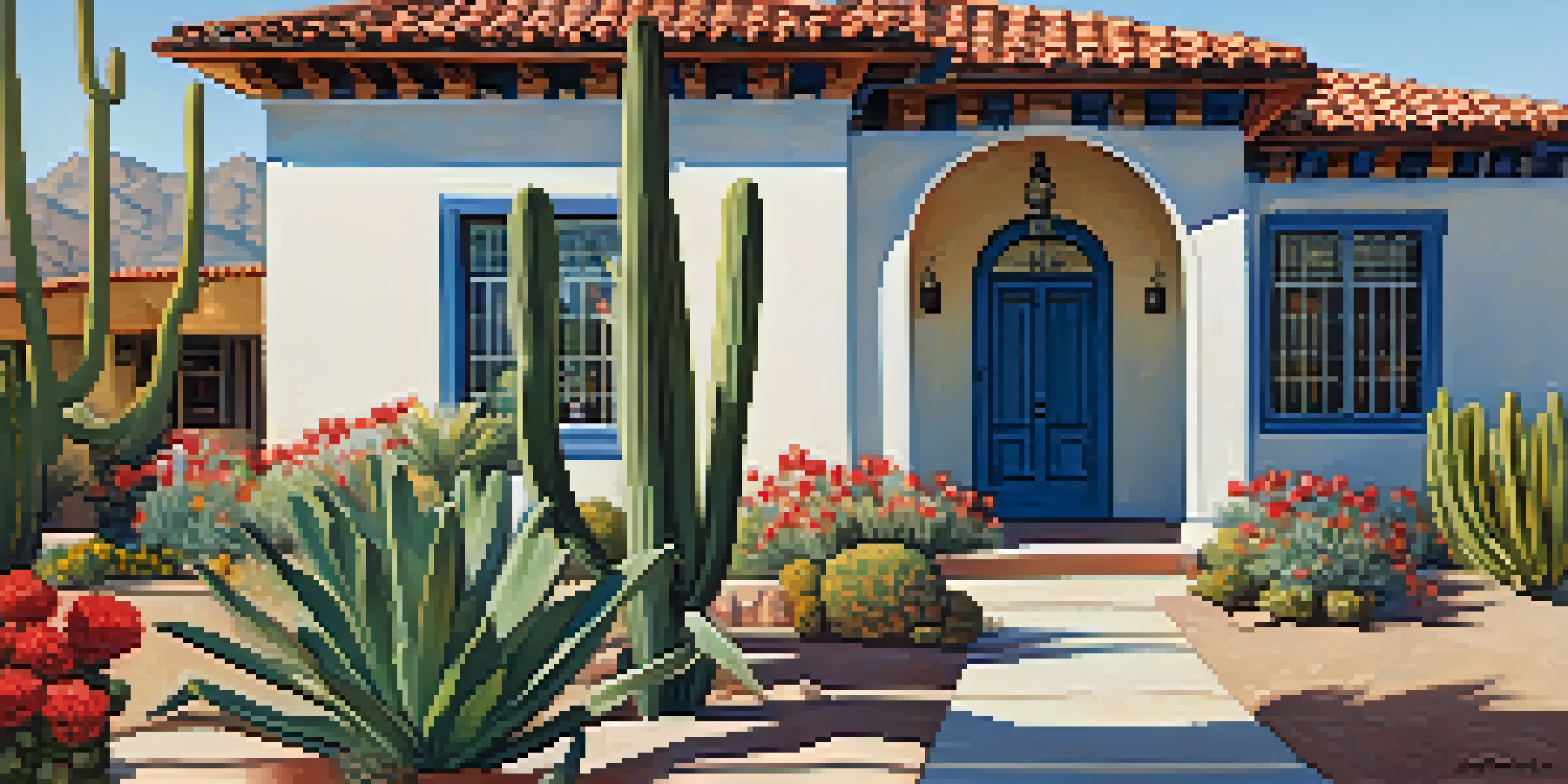 A Spanish Colonial Revival home in Phoenix with stucco walls, a red-tiled roof, and surrounded by desert plants under a sunny sky.